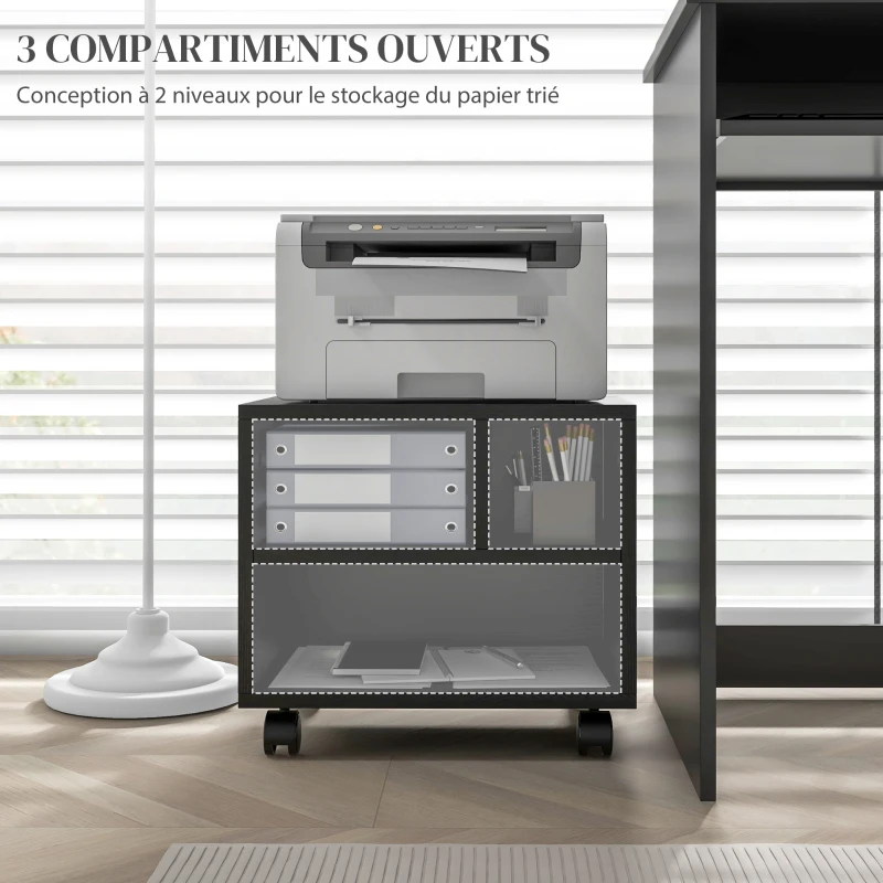 HOMCOM Support d'imprimante meuble de rangement bureau caisson 3 compartiments ouverts 40 x 30 x 36 cm noir