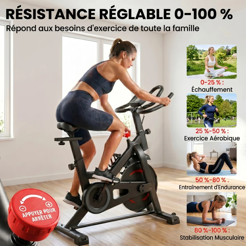 SPORTNOW Vélo d'Appartement Silencieux avec Résistance Réglable, APP Connectez via Bluetooth, Écran LCD, 111,5x52,5x114,5cm, Noir