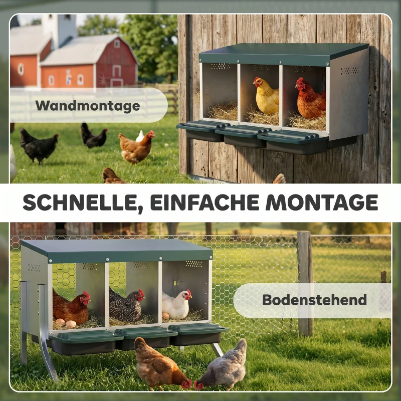 PawHut Legenest für Hühner, Abrollnest mit Belüftungslöchern, 3 Fächer, Hühnernest für 3 Hühner, 84 x 55 x 61 cm, Silber