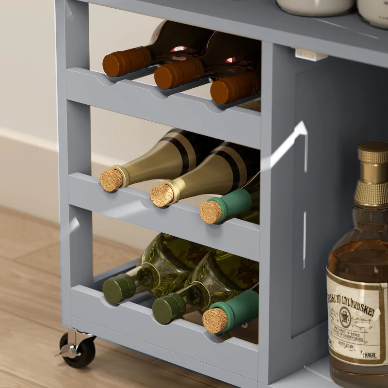 HOMCOM Modern Kitchen Trolley, Rolling Island Storage Cart with Drawer, 9-bottle Wine Rack, Door Cabinets, Wooden Countertop, Grey