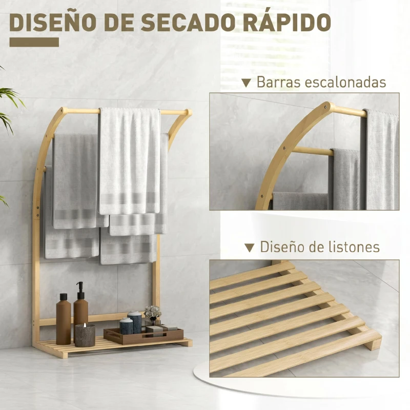 HOMCOM Toallero de Pie de Bambú con 3 Barras y Estante de Almacenamiento para Baño y Lavandería 50x29x84 cm Natural