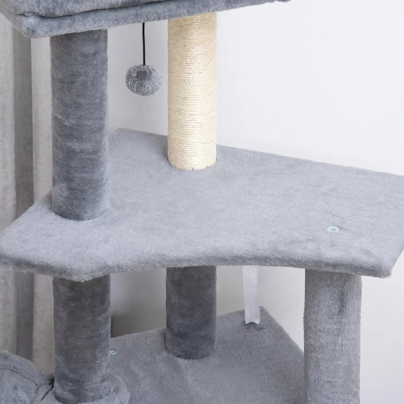 PawHut Albero Tiragraffi per Gatti Alto 127 cm con Pali Graffiatoi in Sisal, Rampa, Cesto, Cuccia, Amaca, Grigio