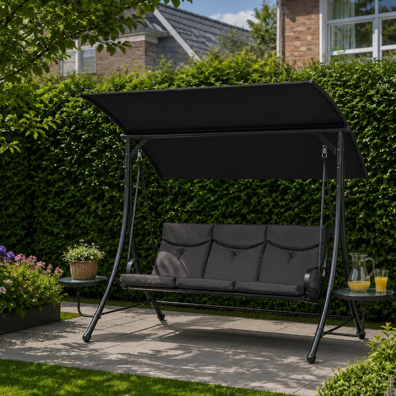 Outsunny Hollywoodschommel, 3-Zits Tuinschommel met Verstelbaar Zonnedak, 278 x 125 x 177 cm, Zwart