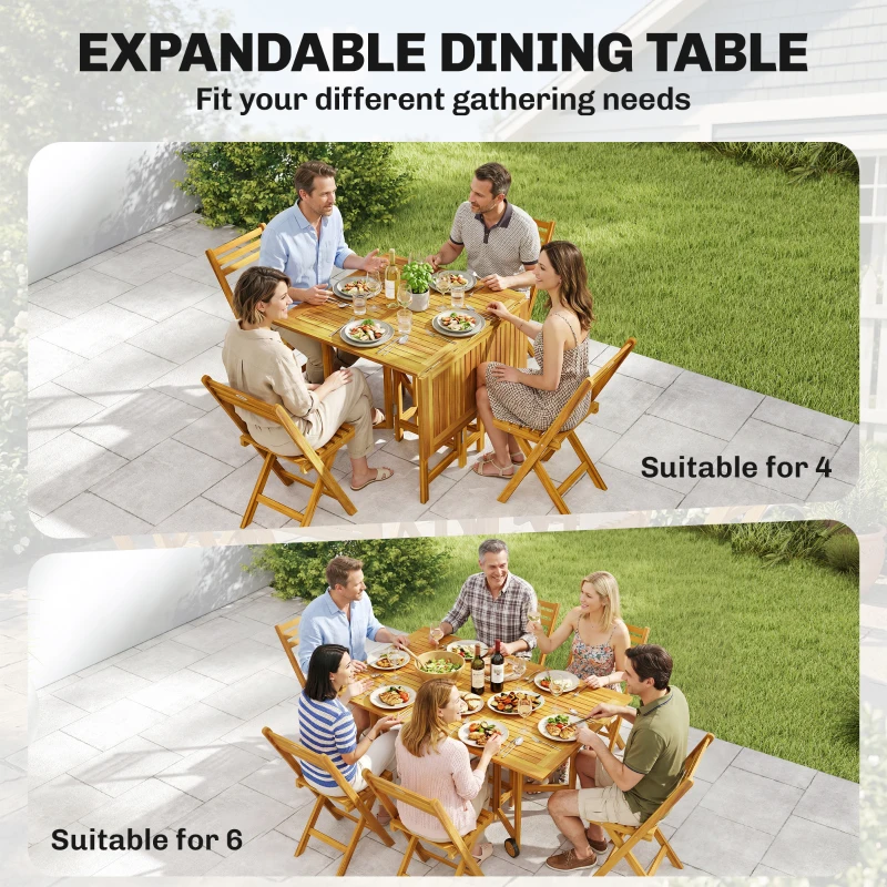 Outsunny 7 Pieces Garden Dining Set, Extending Dining Table and 6 Folding Chairs with Umbrella Hole for Patio, Natural Wood