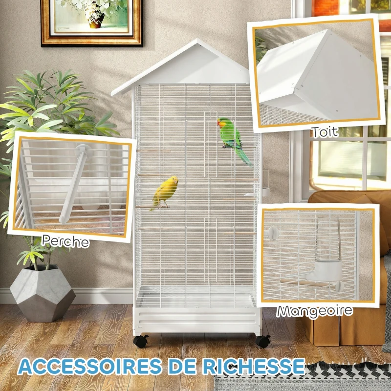 PawHut Cage oiseau sur pied volière oiseaux intérieure sur roulettes 2 mangeoires 8 perchoirs 79 x 65 x 155 cm fil d'acier blanc