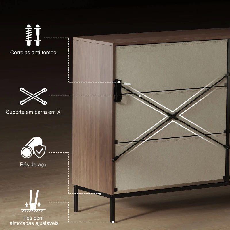 HOMCOM Cómoda com 6 Gavetas de Tecido Frentes com Padrão de Diamante Móvel de Arrumação 117,5x30x73,5 cm Madeira e Branco