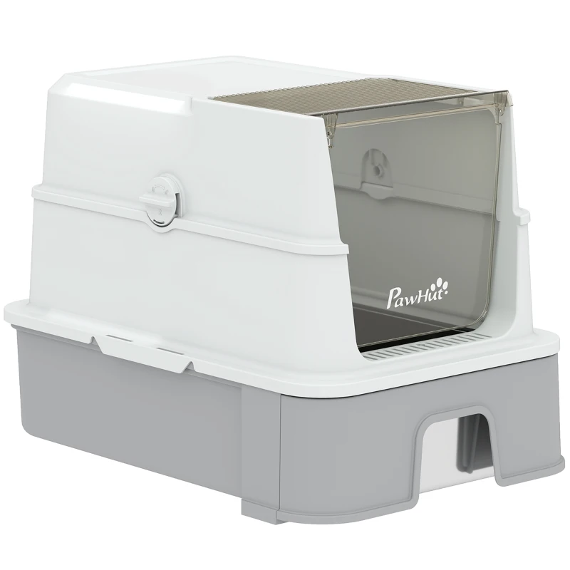 PawHut Katzentoilette aus Edelstahl mit Deckel, XL Katzenstreubox mit Schaufel, herausziehbare Wanne, hohe Seiten, leicht zu reinigen, grau