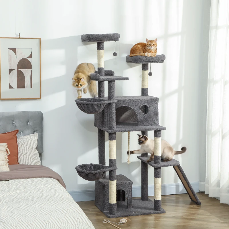 PawHut Arbre à chat tour de jeux pour chat avec griffoir 3 lits 2 niches plateformes et 3 jouets suspendus hauteur 174 cm gris