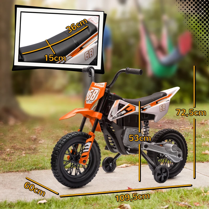 AIYAPLAY Moto Eléctrica para Niños 12V 2 Motores Suspensión Trasera Ruedas de Apoyo Desmontables Música Niños 3-6 Años Naranja