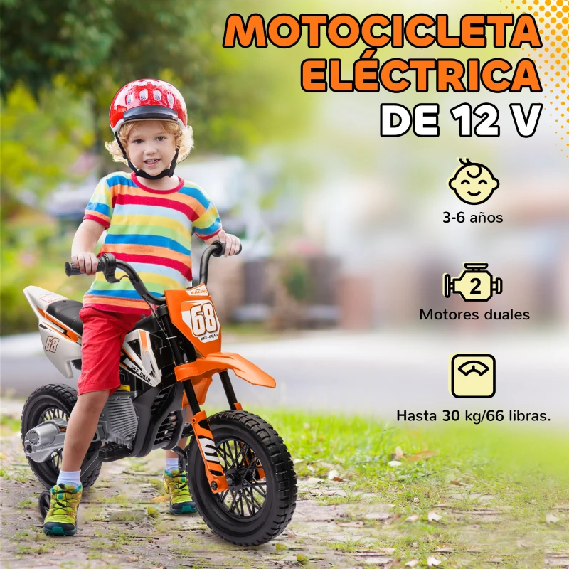 AIYAPLAY Moto Eléctrica para Niños 12V 2 Motores Suspensión Trasera Ruedas de Apoyo Desmontables Música Niños 3-6 Años Naranja
