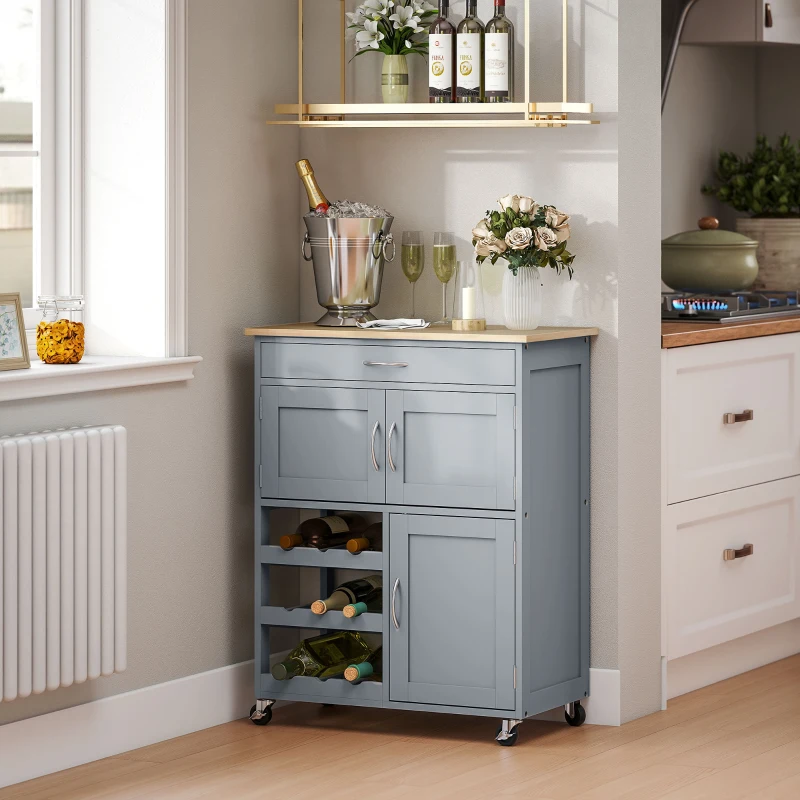 HOMCOM Modern Kitchen Trolley, Rolling Island Storage Cart with Drawer, 9-bottle Wine Rack, Door Cabinets, Wooden Countertop, Grey