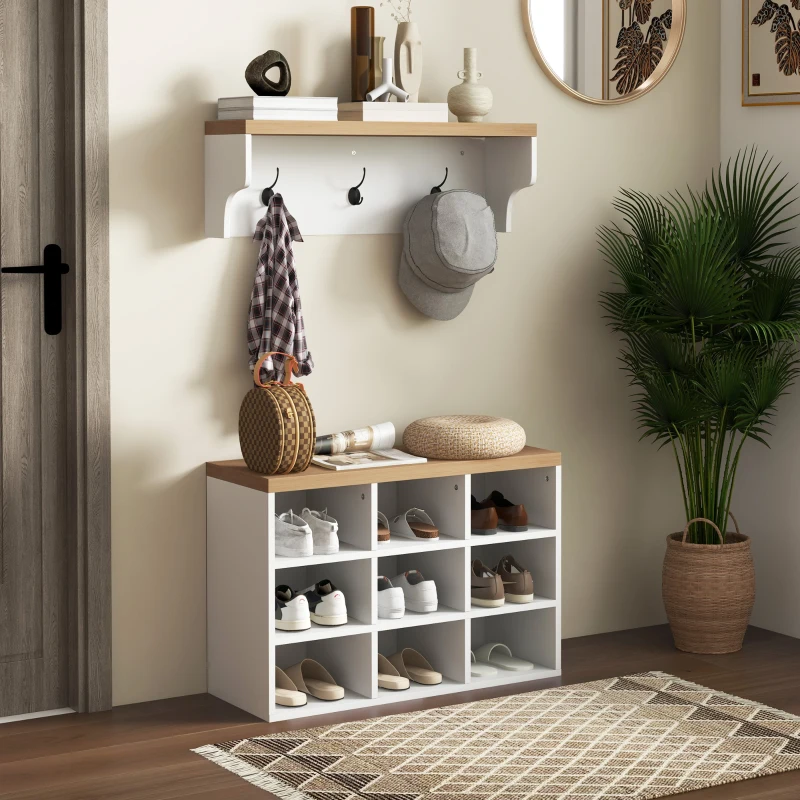 HOMCOM Ensemble meuble d'entrée 2-en-1 porte-manteau mural banc à chaussures 3 crochets et 9 niches 75x30x50cm blanc et chêne