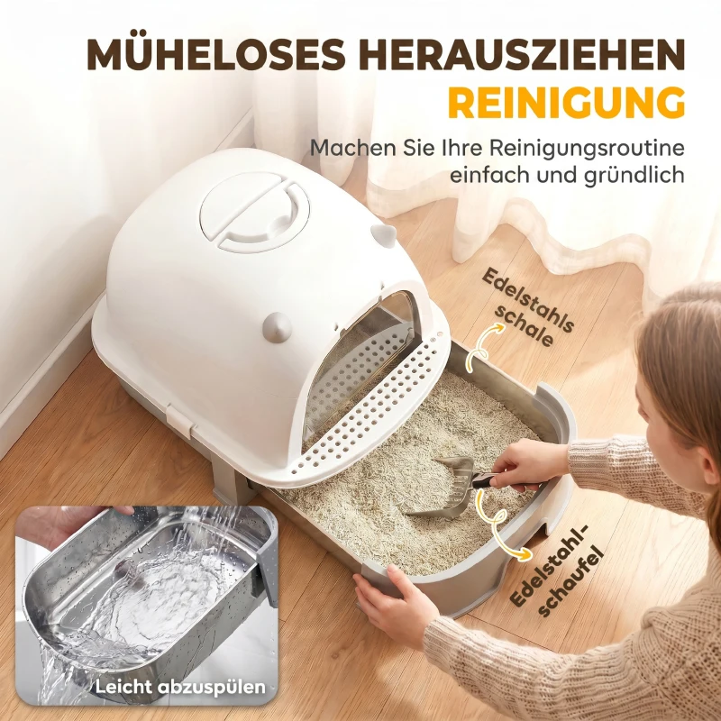 PawHut Katzentoilette Edelstahl mit abnehmbarem Deckel, Schaufel & Aktivkohlefilter für kleine bis mittelgroße Katzen, Grau