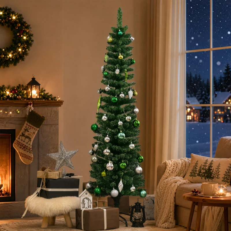 HOMCOM 5.5FT Artificial Snow Dipped Christmas Tree Xmas Pencil Tree Holiday Home Indoor Decoration with Foldable Black Stand, Green