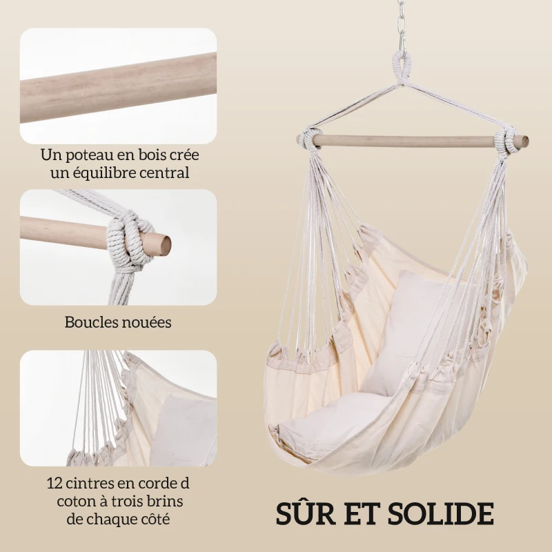 Outsunny Fauteuil suspendu extérieur chaise hamac avec 2 coussins, intérieur et extérieur, en tissu coton mélangé, crème