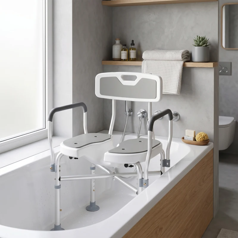 HOMCOM Silla de Ducha con Asiento Ranurado Altura Regulable Antideslizante Respaldo y Reposabrazos Carga 136 kg Gris