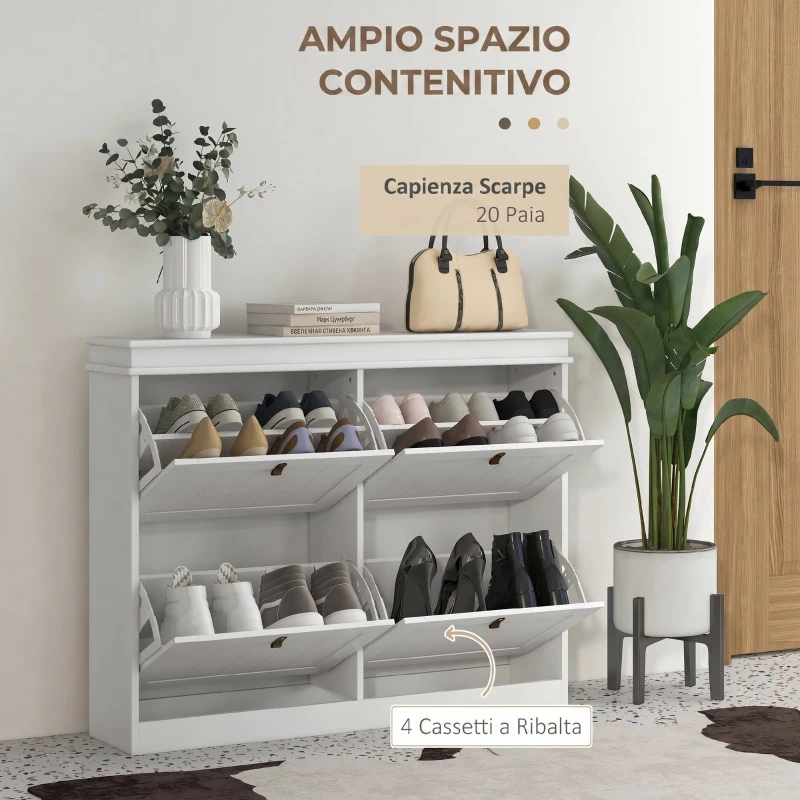 HOMCOM Scarpiera Salvaspazio Slim con 4 Ante a Ribalta, Ripiani Regolabili, Maniglia, per 10-20 Paia, Bianco