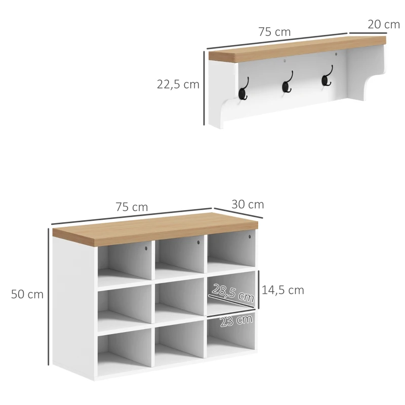 HOMCOM Ensemble meuble d'entrée 2-en-1 porte-manteau mural banc à chaussures 3 crochets et 9 niches 75x30x50cm blanc et chêne