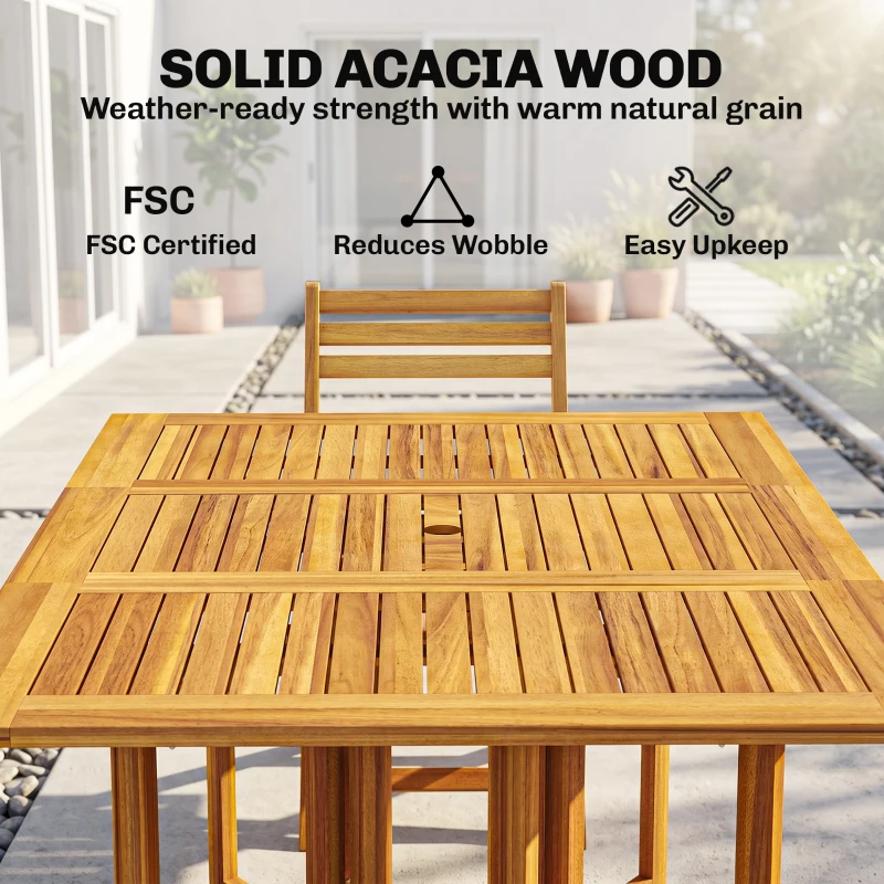 Outsunny 7 Pieces Garden Dining Set, Extending Dining Table and 6 Folding Chairs with Umbrella Hole for Patio, Natural Wood