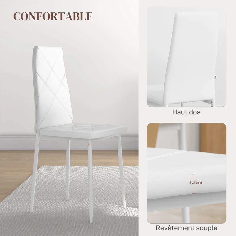 HOMCOM Lot de 2 chaises de salle à manger avec dossier haut, revêtement synthétique et pieds en acier, blanc