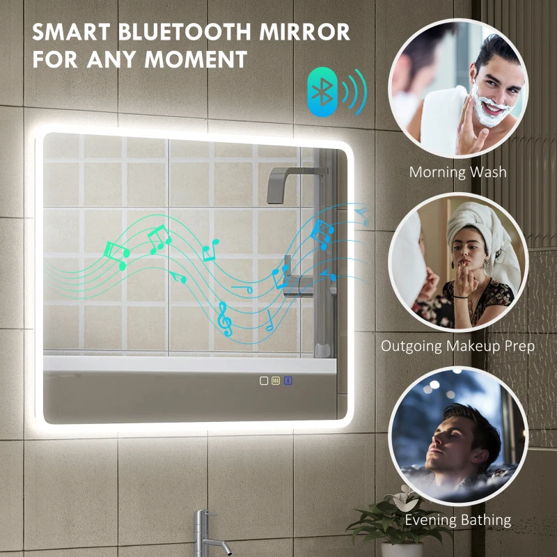 HOMCOM Espejo de Baño con Luz LED 90x70 cm con Bluetooth 3 Colores de Luz Función Antivaho Función de Memoria IP44