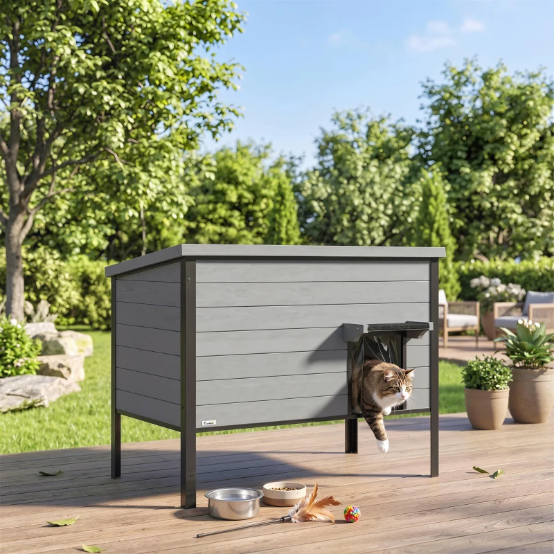 PawHut Wetterfest Katzenhaus mit aufklappbarem Dach herausnehmbarem Boden Eingang für 1-2 Katzen bis 12 kg 85x55x70 cm Hellgrau