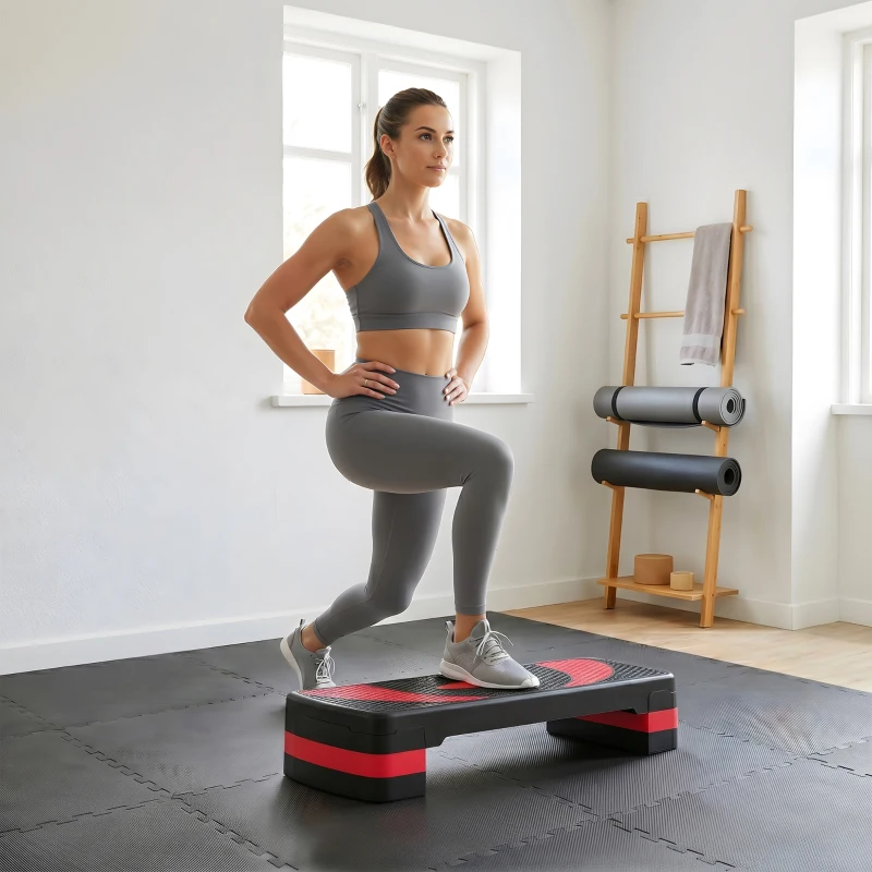 HOMCOM Step de Aeróbic para Fitness Antideslizante con Altura Regulable 3 Niveles 10/15/20 cm Carga 150 kg 80x31x20 cm Rojo