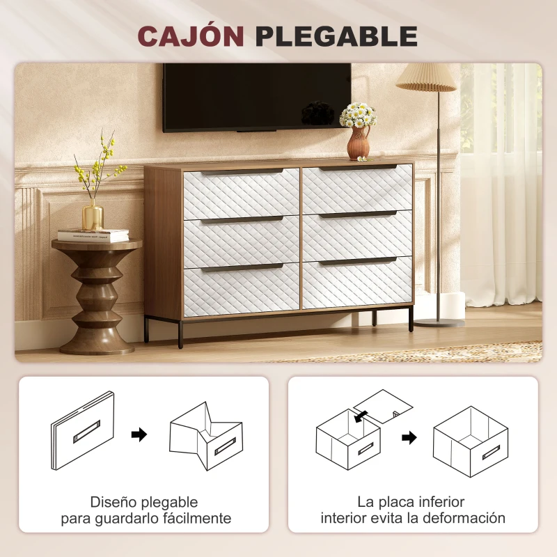 HOMCOM Cómoda con 6 Cajones de Tela Frentes con Patrón de Diamante para Salón Oficina Vestidor Natural y Blanco