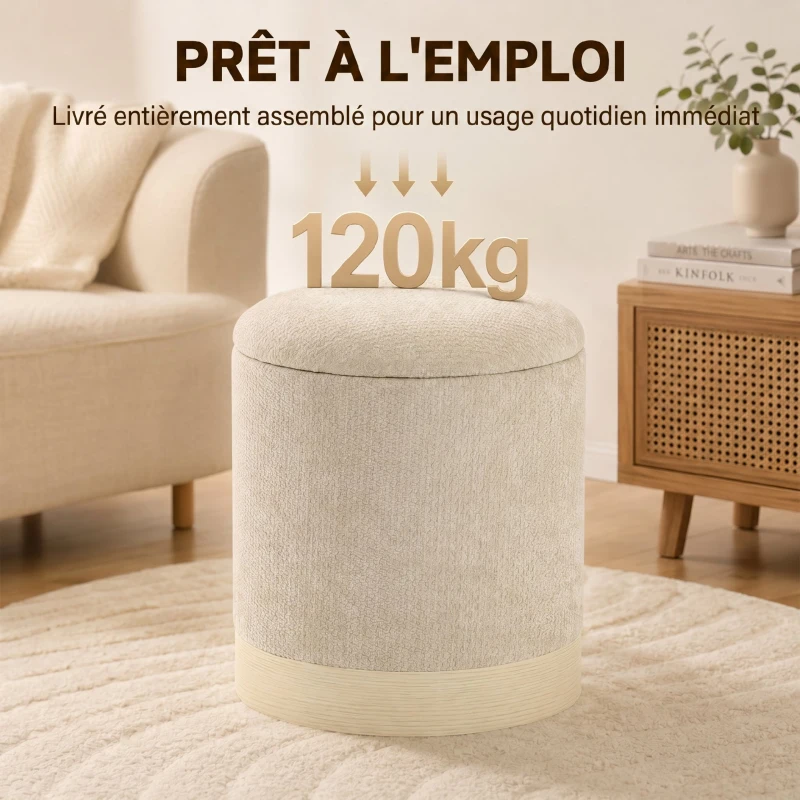 HOMCOM Pouf coffre rangement, tabouret rond en chenille, pouf repose-pieds avec base en métal effet bois, beige