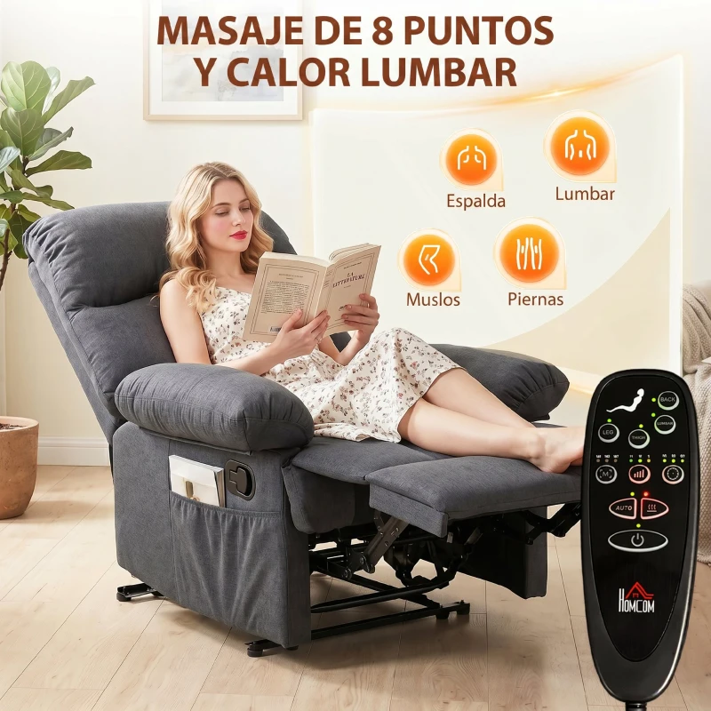 HOMCOM Sillón de Masaje Sillón Relax Reclinable con 8 Puntos de Masaje Función de Calefacción 85x93x103 cm Gris
