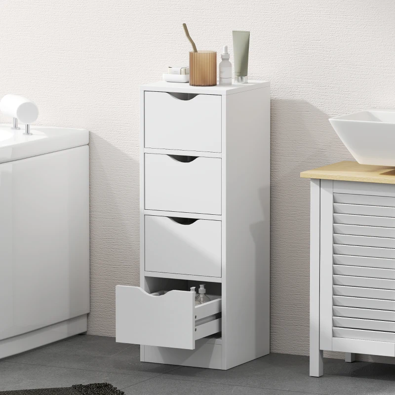 HOMCOM 4-Drawer Bathroom Cabinet, Freestanding Narrow Storage Cabinet with Groove Handles for Small Spaces, White