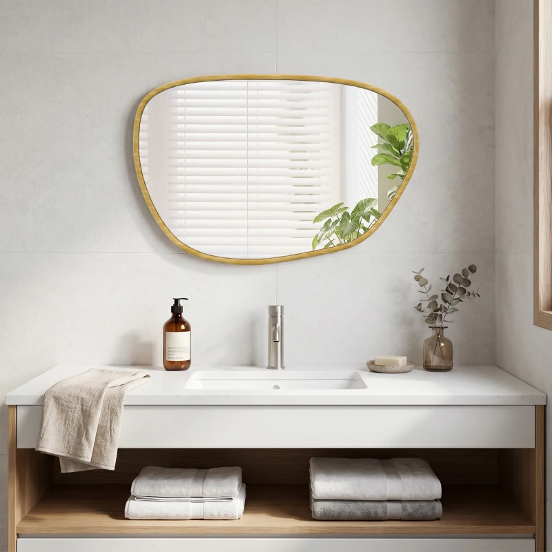 HOMCOM Miroir mural, miroir décoratif asymétrique 90x60cm en verre trempé pour salle de bain, chambre, salon, couloir, naturel