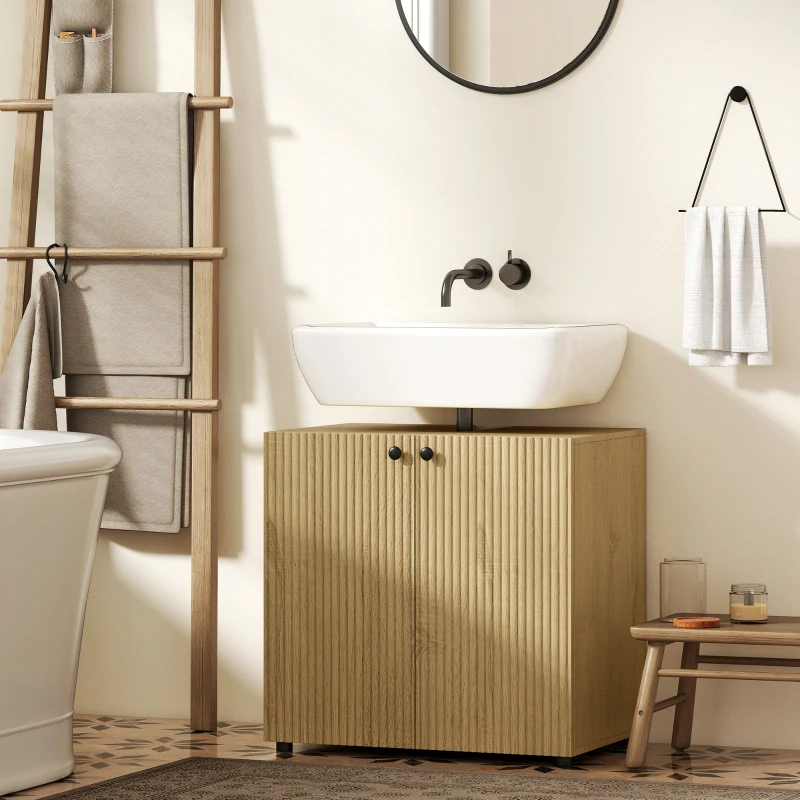 HOMCOM Meuble sous lavabo, meuble de salle de bain 2 portes à fermeture amortie, étagère réglable, 60x39,8x58,5cm, bois naturel