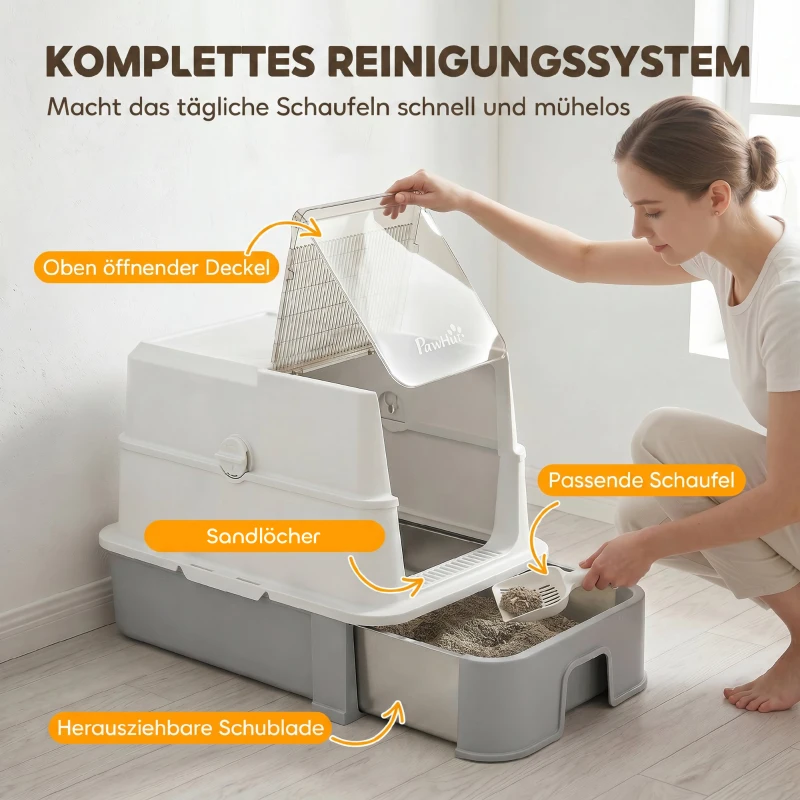 PawHut Katzentoilette aus Edelstahl mit Deckel, XL Katzenstreubox mit Schaufel, herausziehbare Wanne, hohe Seiten, leicht zu reinigen, grau