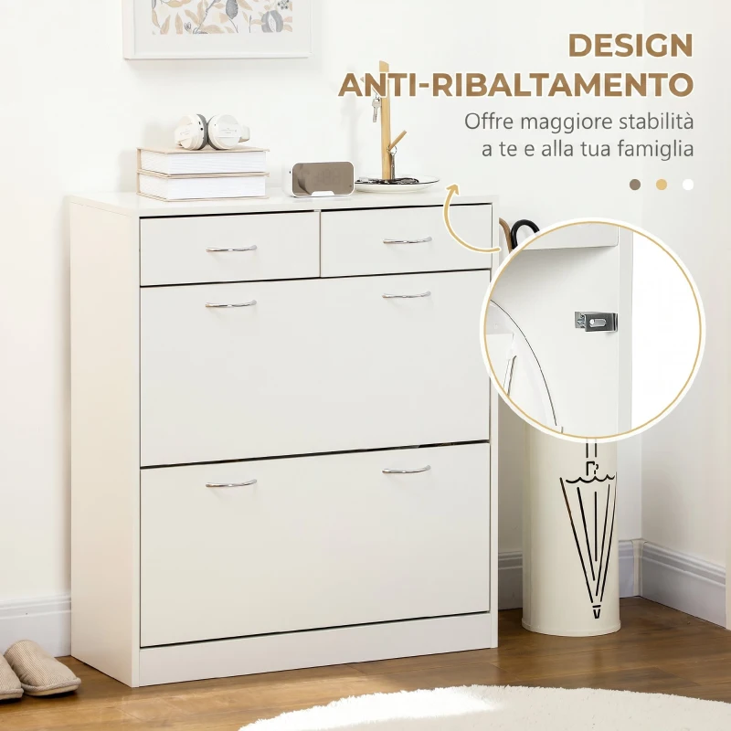 HOMCOM Mobile Scarpiera da 12 Paia con 2 Ripiani Interni Regolabili e 2 Cassetti, in Legno, 80x30x91.5 cm, Bianco