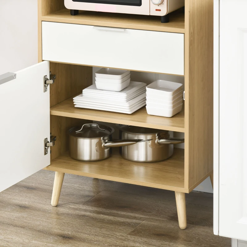 HOMCOM Mueble Microondas Estilo Escandinavo con Armario Cajón y Estante Ajustable 58x40x118 cm Natural y Blanco