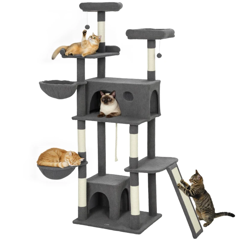 PawHut Arbre à chat tour de jeux pour chat avec griffoir 3 lits 2 niches plateformes et 3 jouets suspendus hauteur 174 cm gris