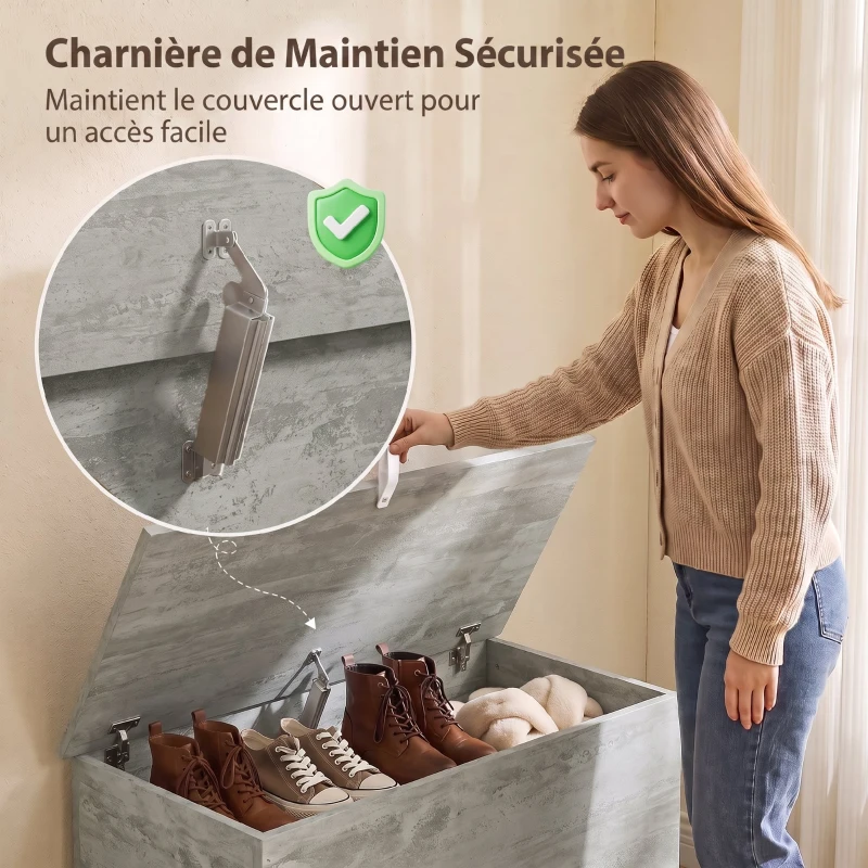 HOMCOM Coffre de Rangement, Banc de Rangement avec Couvercle Rabattable et Charnières de Sécurité, 80 x 40 x 45 cm, Gris