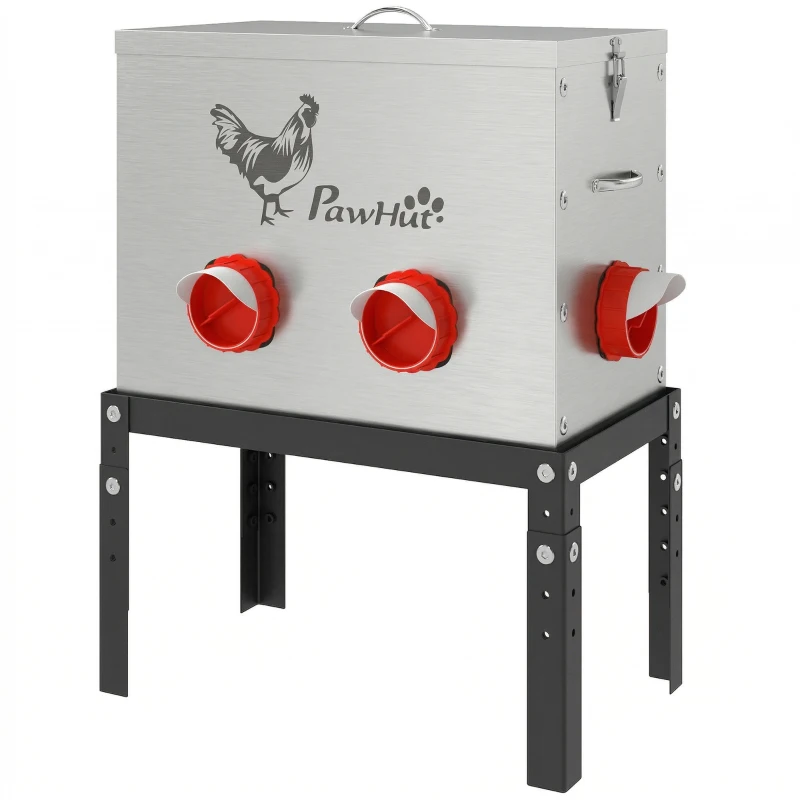 PawHut Futterautomat Hühner 18 kg Füllmenge mit abschließbarer Deckel verstellbarer Beine 6 Öffnungen 42x25x55,5 cm Silber