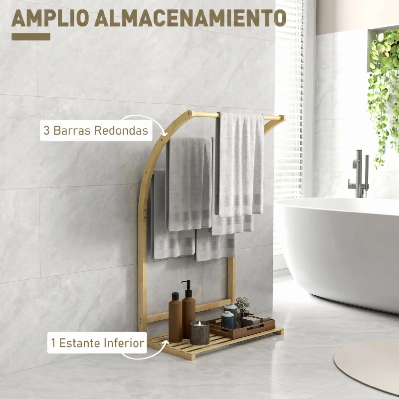 HOMCOM Toallero de Pie de Bambú con 3 Barras y Estante de Almacenamiento para Baño y Lavandería 50x29x84 cm Natural