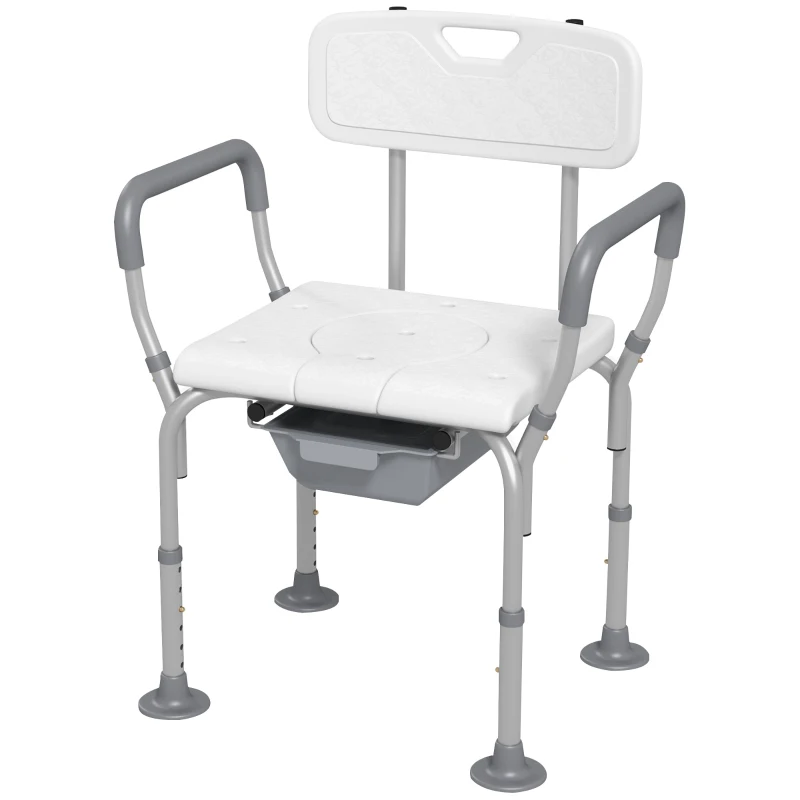 HOMCOM Silla de Ducha 3 en 1 con Respaldo y Apoyabrazos Altura Ajustable y Pies Antideslizantes Blanco