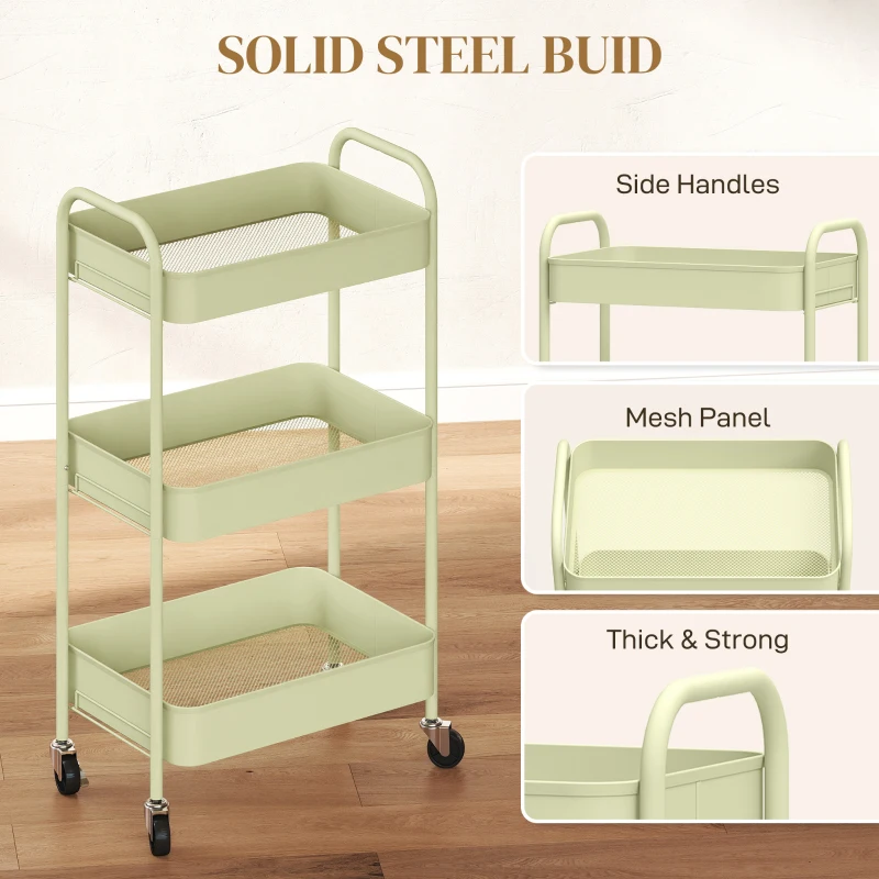 HOMCOM Three-Tier Steel Storage Trolley - Green
