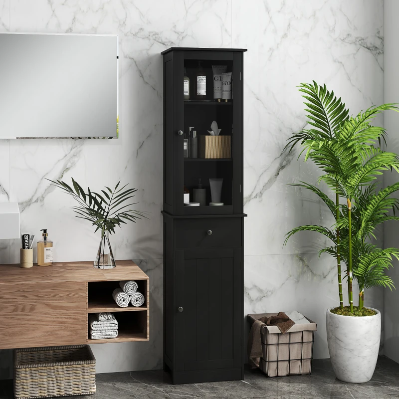 kleankin Mobile Colonna Bagno Salvaspazio con Armadietto, Cassetto e Ripiani in MDF, 40x27x171.5cm, Nero