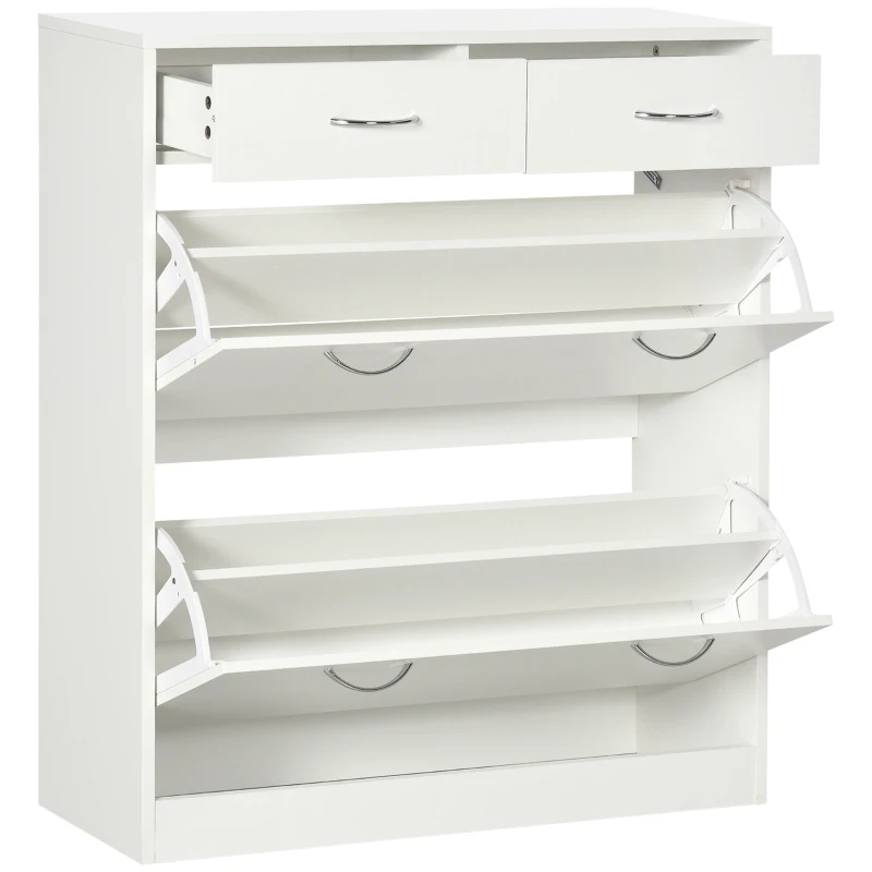HOMCOM Mobile Scarpiera da 12 Paia con 2 Ripiani Interni Regolabili e 2 Cassetti, in Legno, 80x30x91.5 cm, Bianco