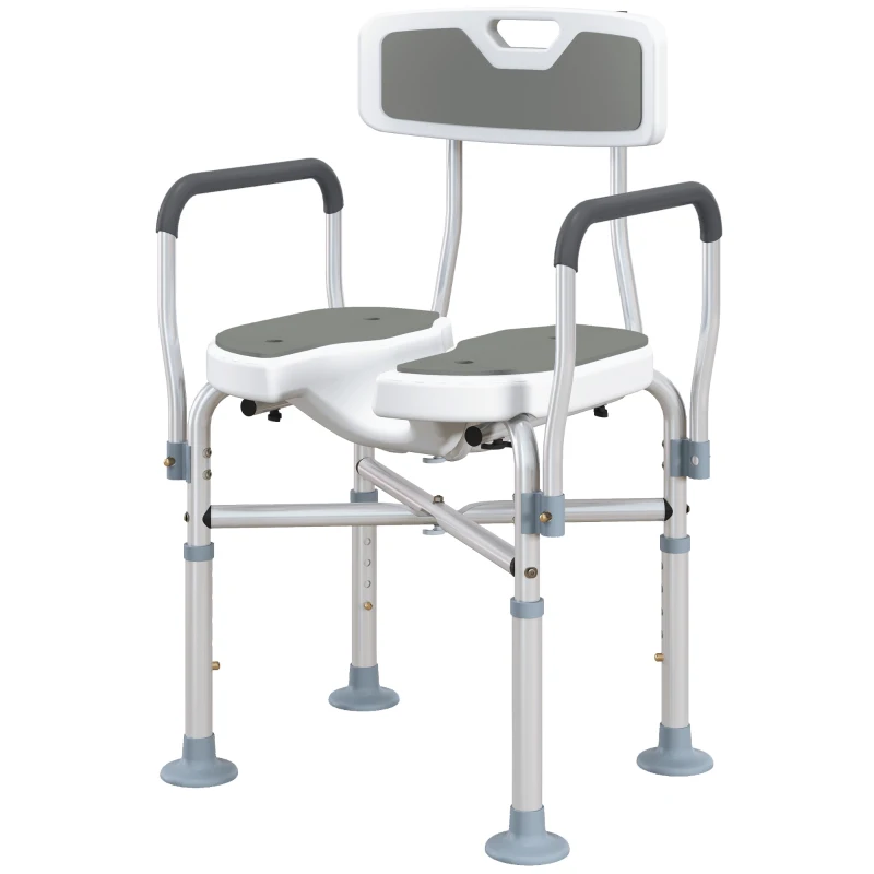 HOMCOM Silla de Ducha con Asiento Ranurado Altura Regulable Antideslizante Respaldo y Reposabrazos Carga 136 kg Gris