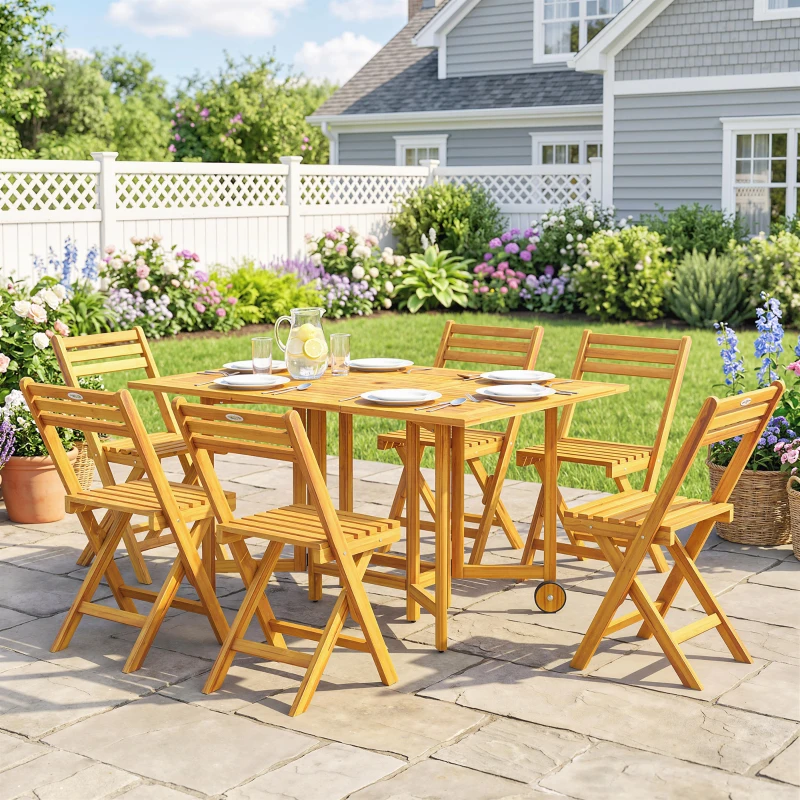 Outsunny 7 Pieces Garden Dining Set, Extending Dining Table and 6 Folding Chairs with Umbrella Hole for Patio, Natural Wood