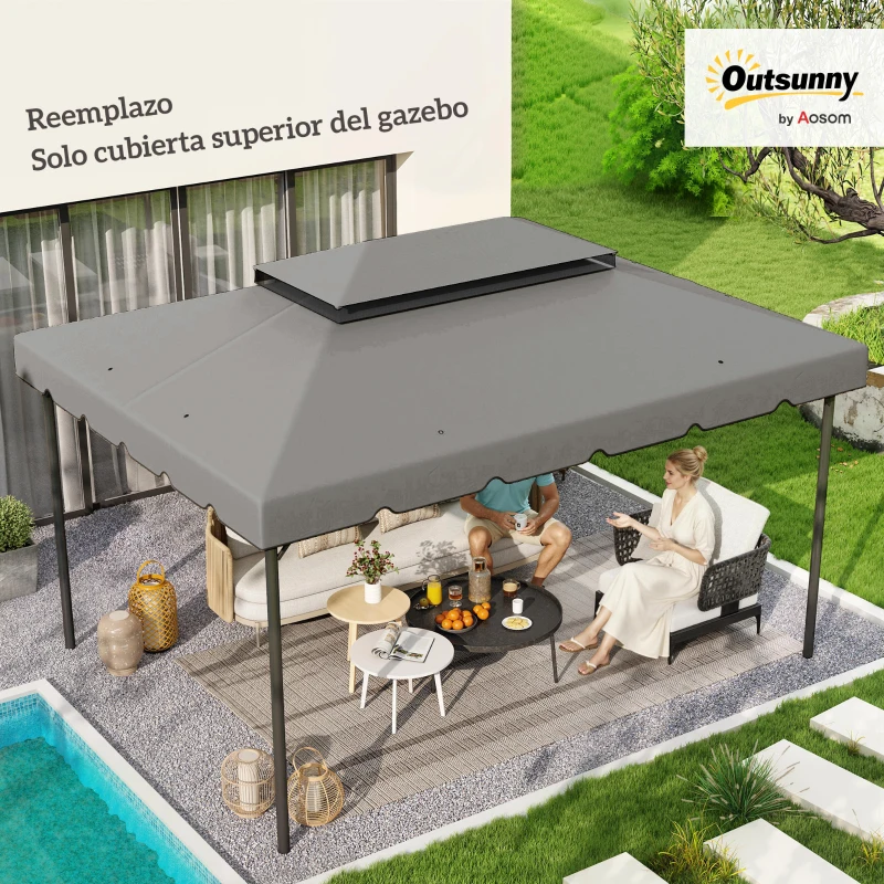 Outsunny Toldo de Recambio para Cenador 4x3 m con Techo Doble Orificios de Drenaje Solo Toldo NO Incluye Marco Gris Claro
