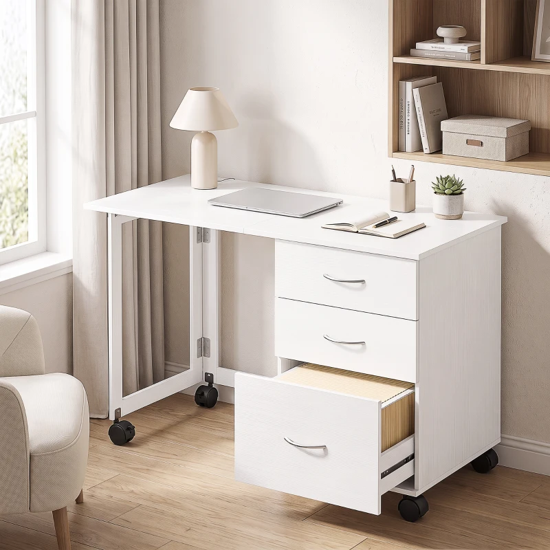 HOMCOM Scrivania Ufficio Pieghevole con 3 Cassetti, 4 Ruote con Freno, Bianco