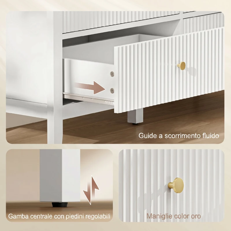 HOMCOM Cassettiera Camera da Letto Scanalato con 6 Cassetti, Maniglie e 5 Gambe per Corridoio Soggiorno Ingresso, Bianco