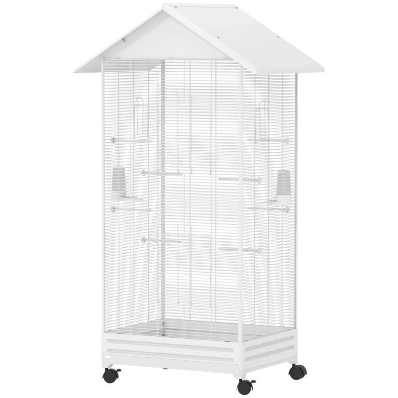 PawHut Cage oiseau sur pied volière oiseaux intérieure sur roulettes 2 mangeoires 8 perchoirs 79 x 65 x 155 cm fil d'acier blanc